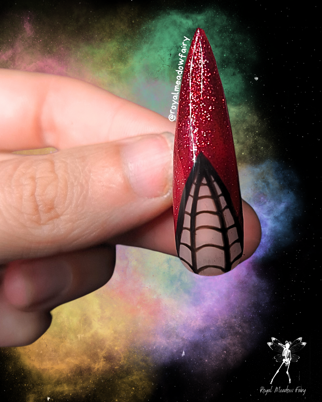 red glitter festive spider web press on nails