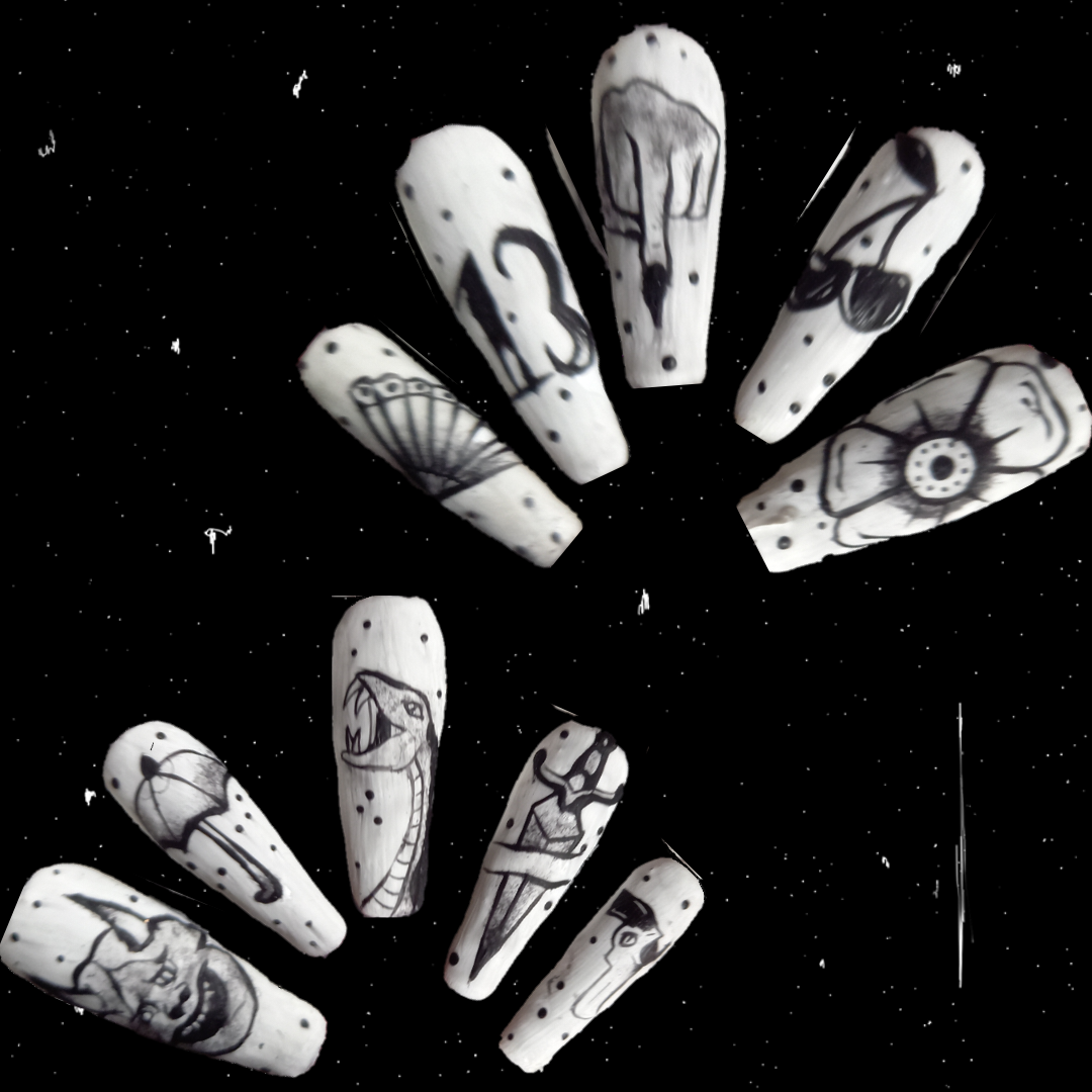 trad traditional tattoo nail art black and white matte long coffin press on nails
