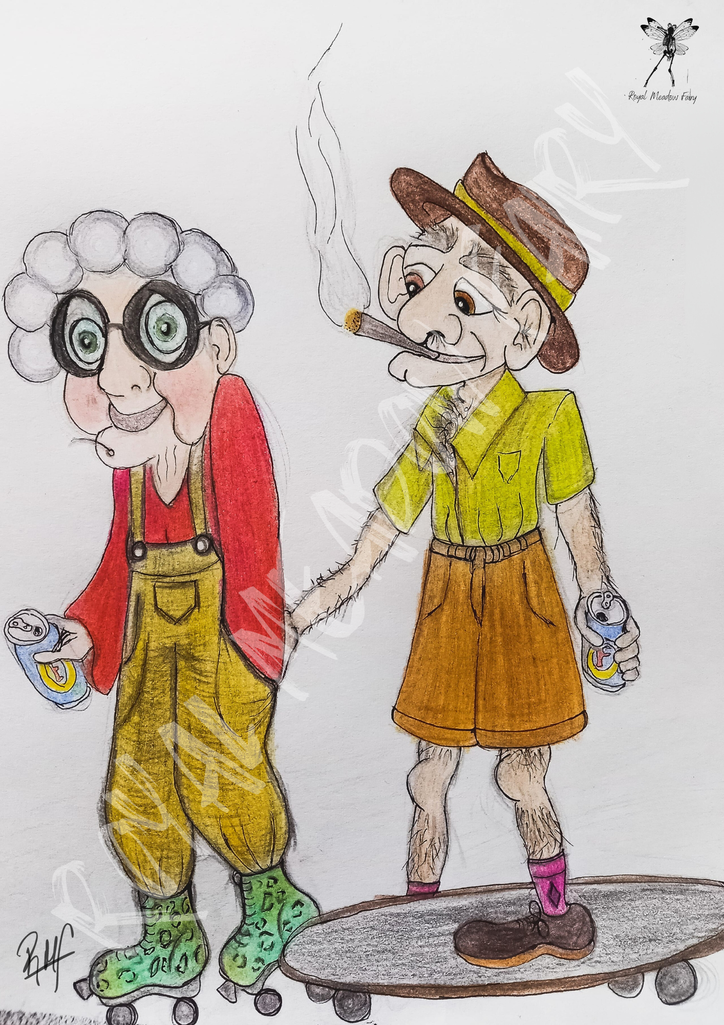 funny art old people drinking and skating