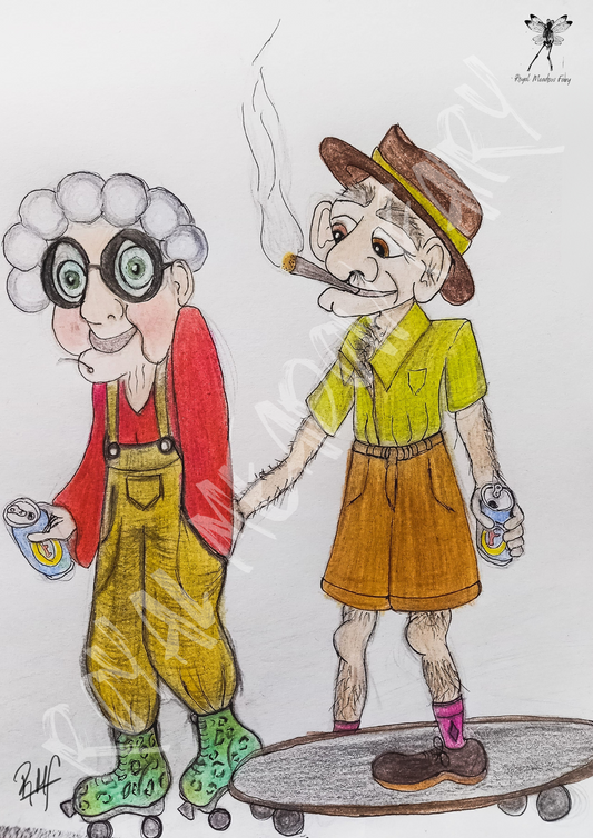 funny art old people drinking and skating