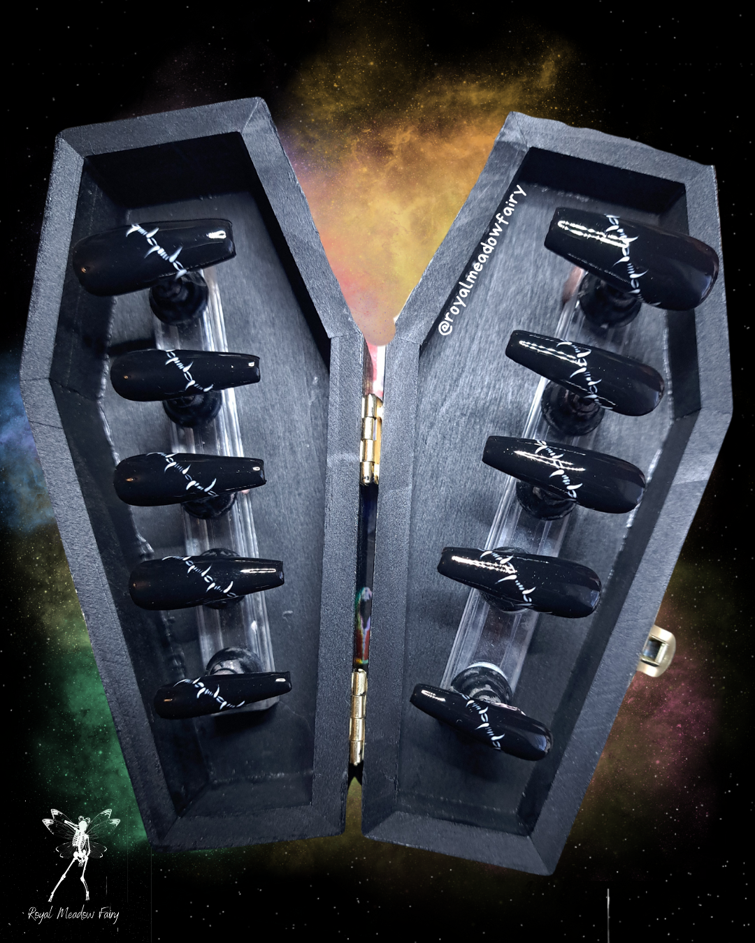 long coffin black press on nails with white barbed wire art