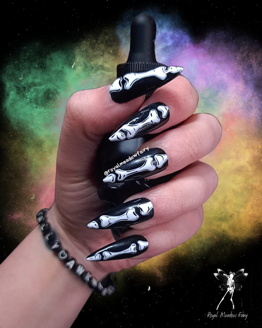 stick-on false nail enhancements black and white skeleton bone halloween nail art design