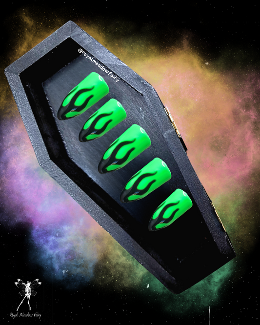 gloss lime green press on nails with black flame nail art
