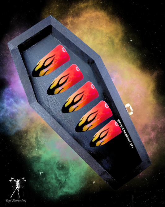 gloss red, orange and yellow ombre false nails with black flame nail art