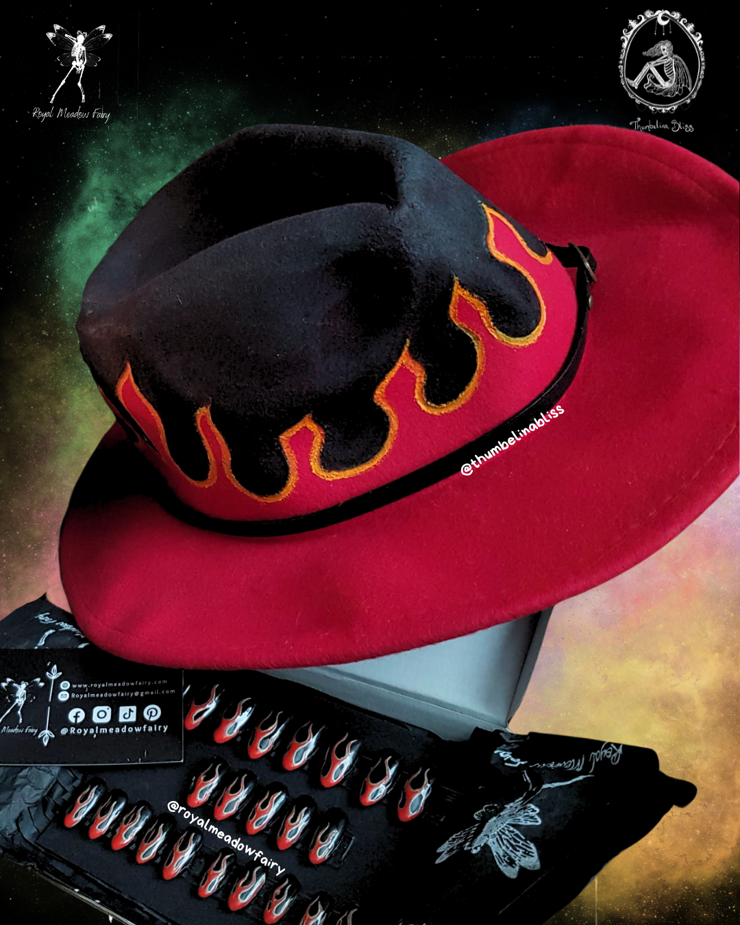 black wide brimmed ahat and press on nails with red and gold flames gothic alt emo accessories
