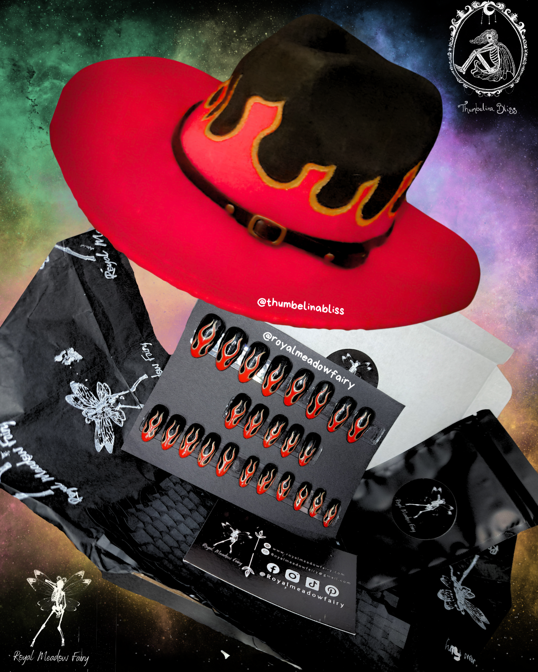 black hat with reed flames and matching press on nails