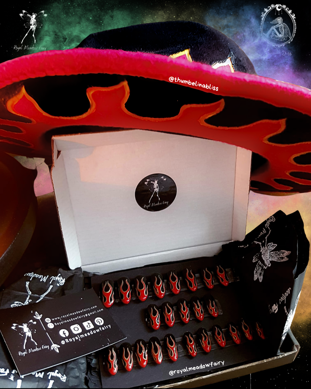 black alt press on nails with red and gold flames and matching wide brimmed hat