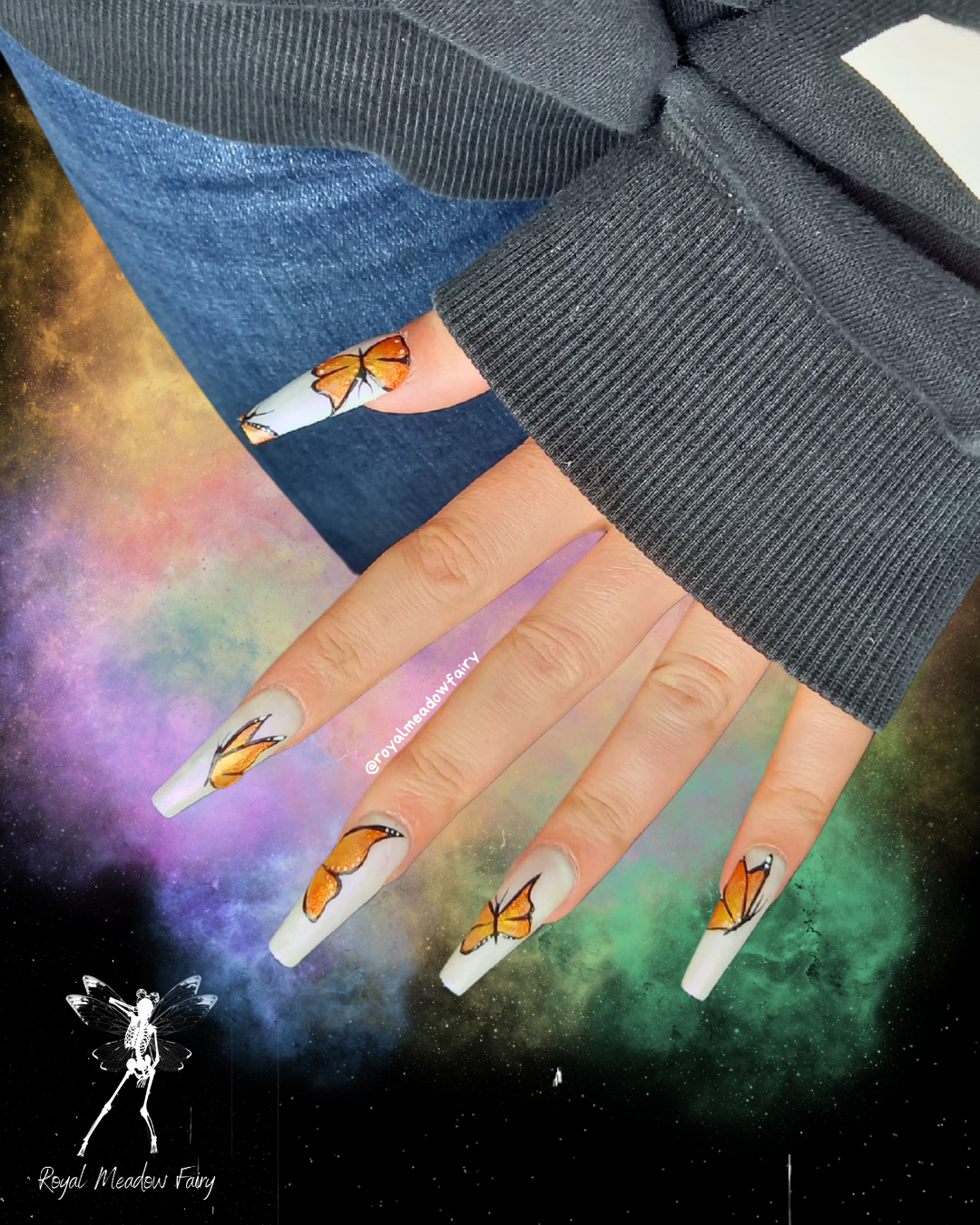 white and purple shimmer matte uks best press on nails with orange glitter butterfly nail art design