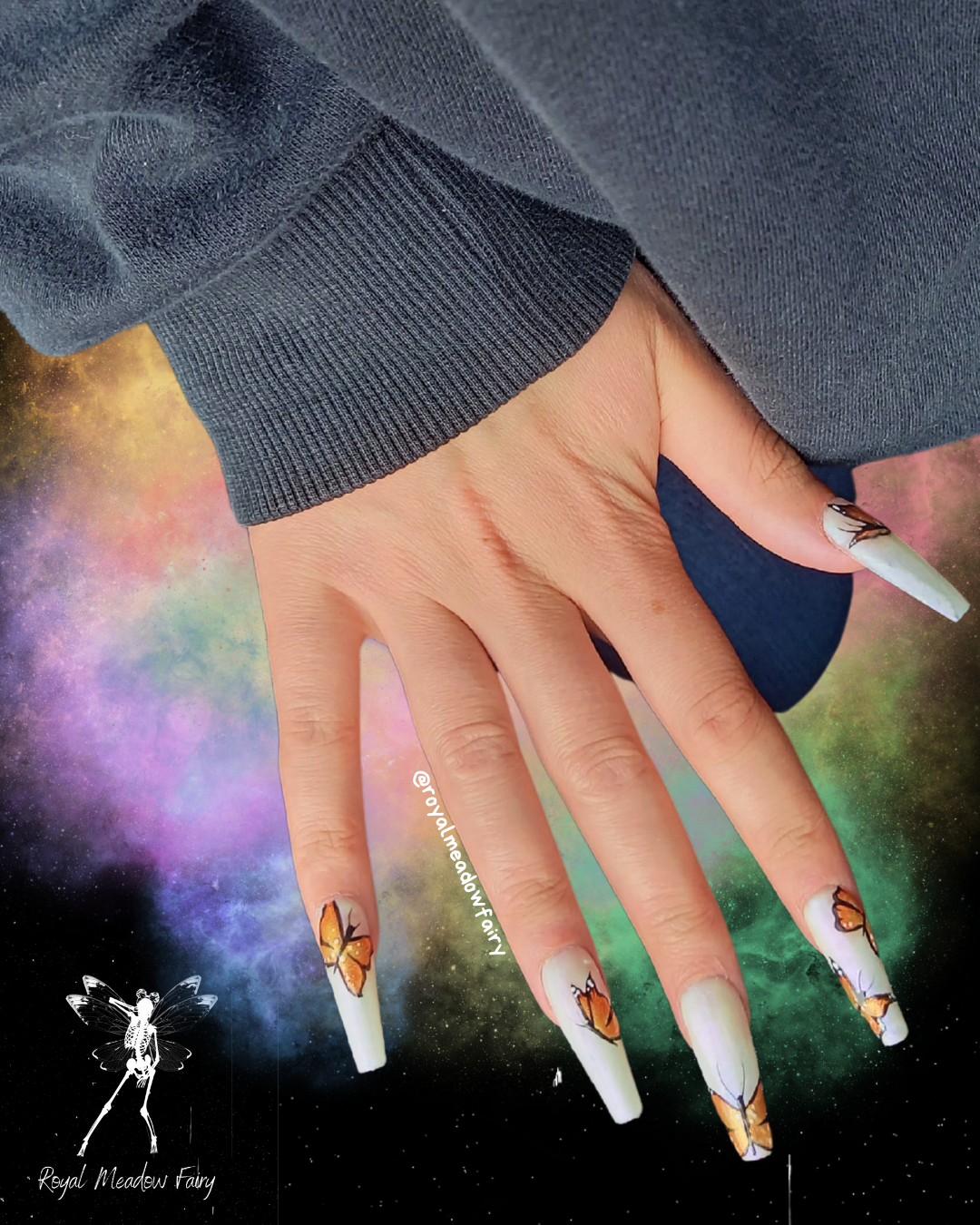 shimmer matte press on nails best quality in uk with orange glitter butterfly nail art design