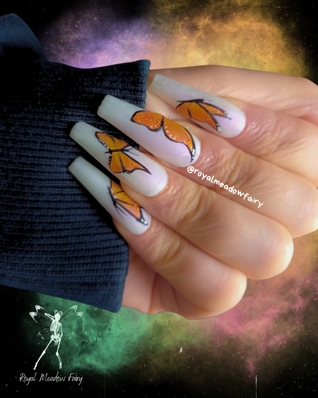 matte shimmer white press on nails with glitter orange butterfly nail art design