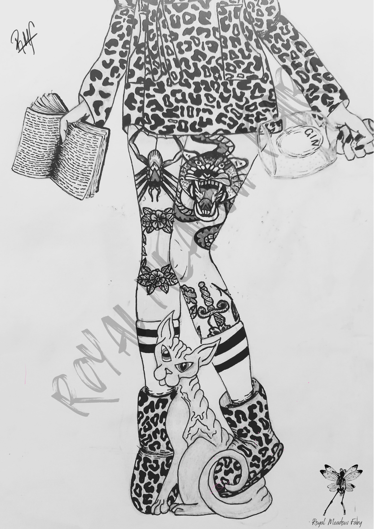 black and white art print leopard print, neo trad tattoos, book, gin and sphynx cat
