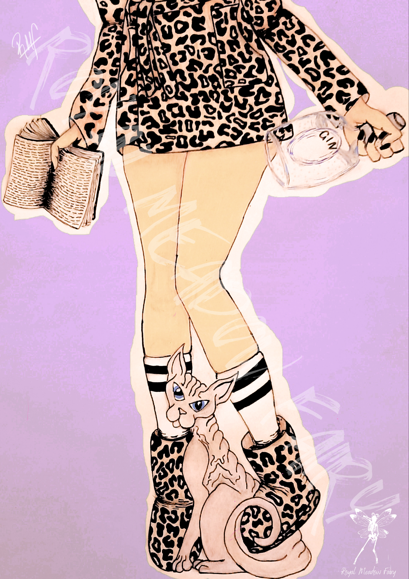 leopard print. book, gin and a sphynx cat art print