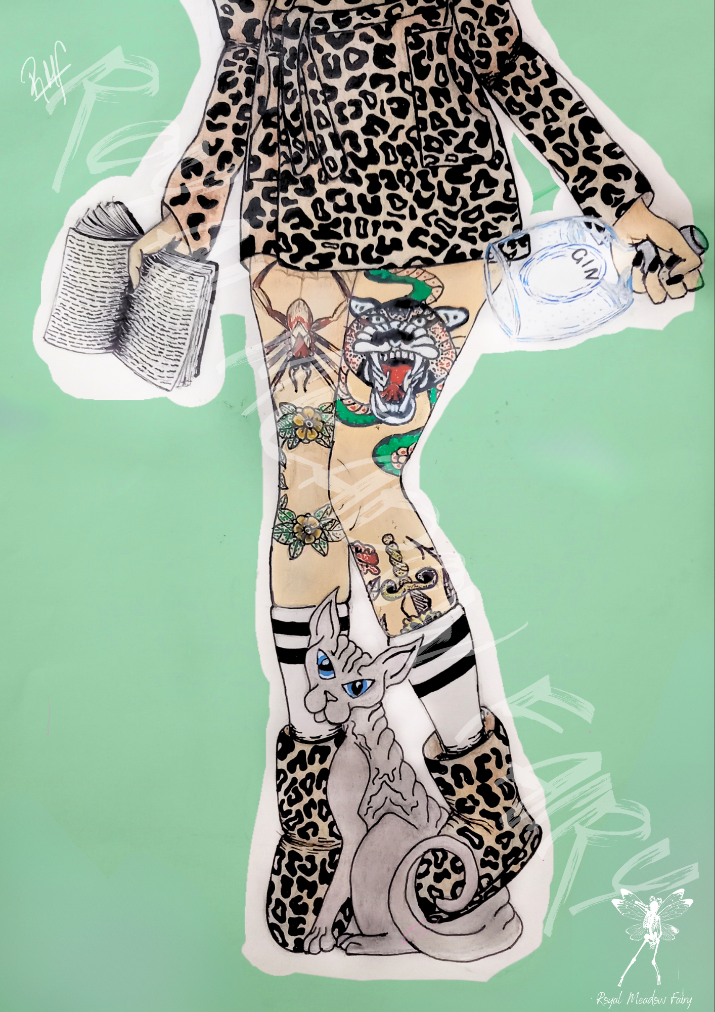 leopard print, tattoos, a book, gin and a sphynx cat
