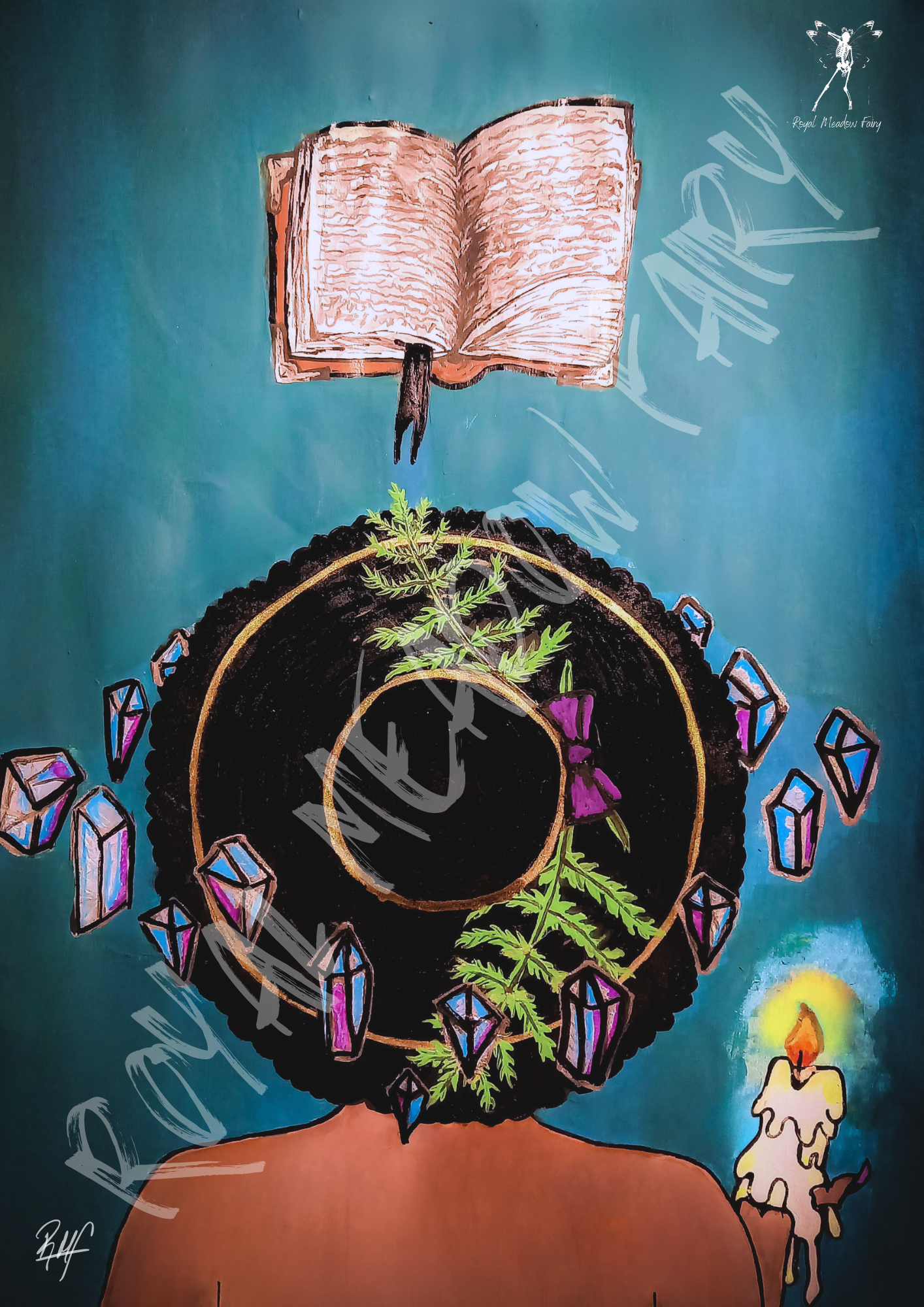 modern witch casting spell holding a candle with a spell book and crystals