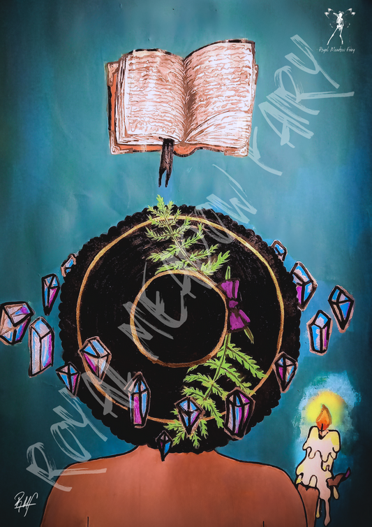 modern witch casting spell holding a candle with a spell book and crystals