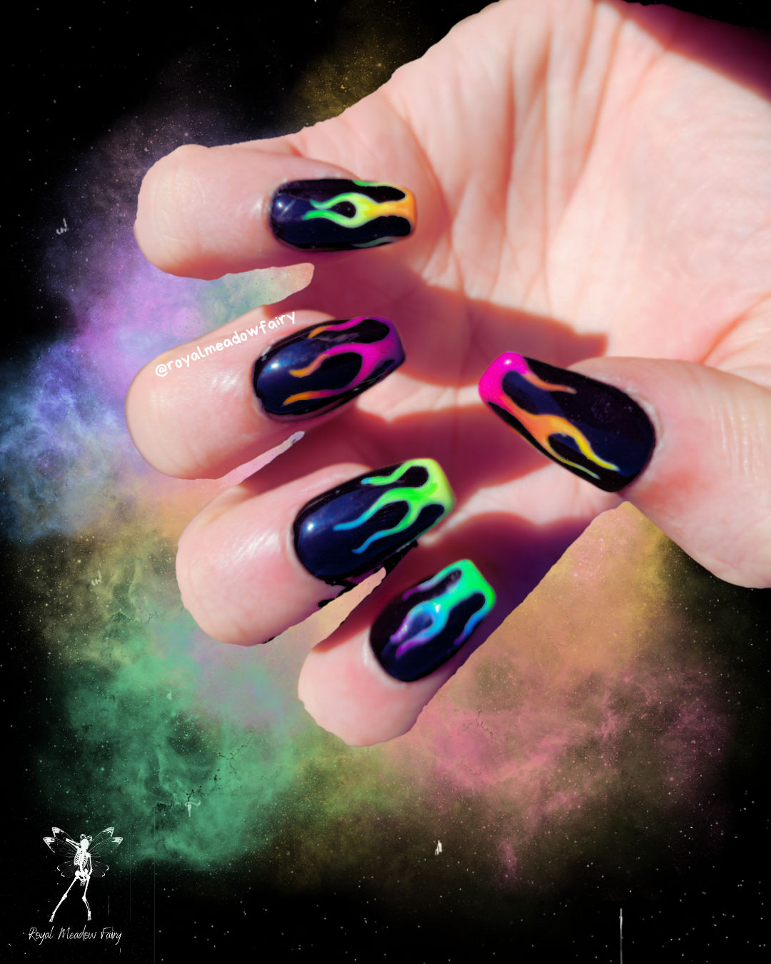 flame rainbow ombre press on nails