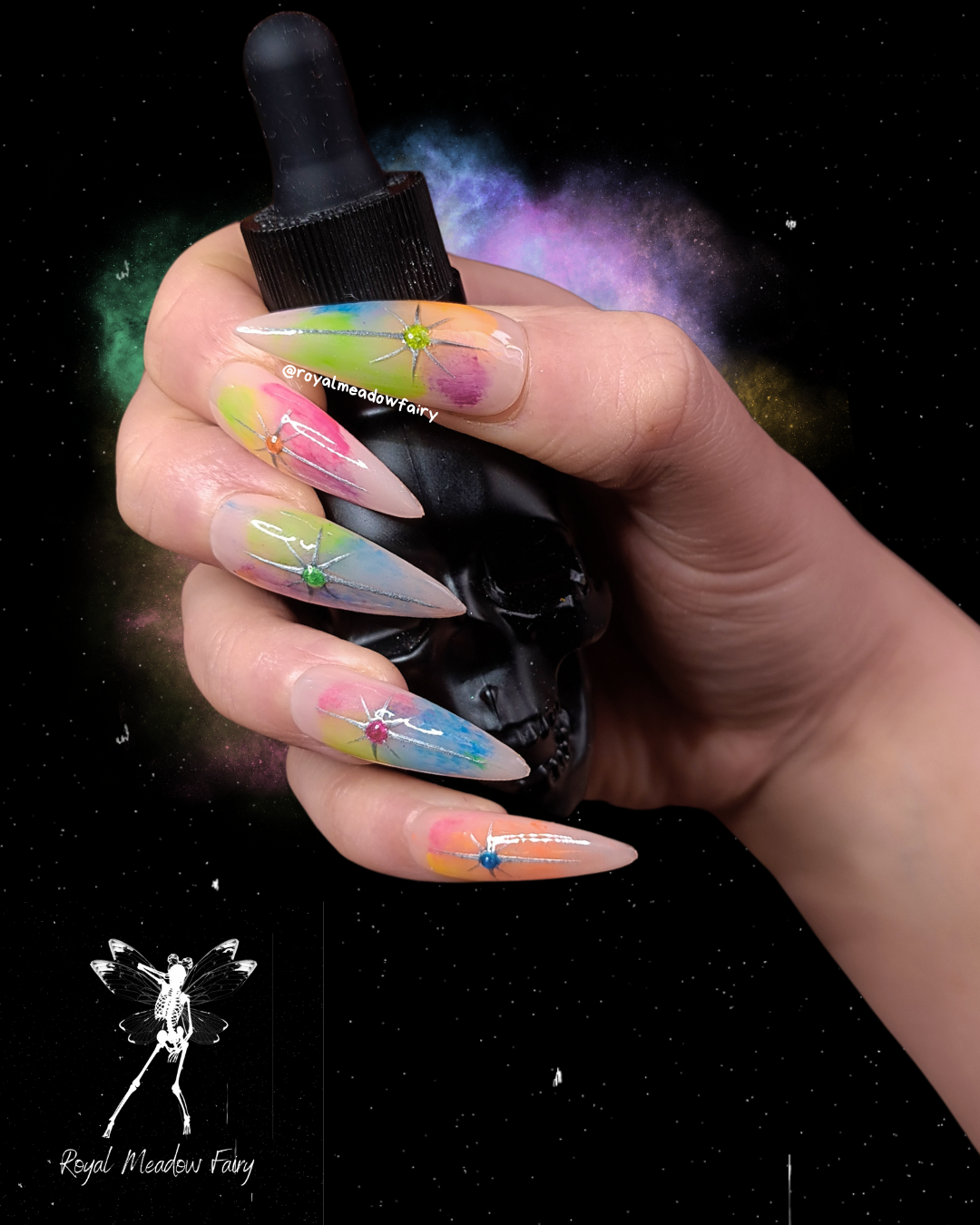 nude press on nails with silver stars and colourful rainbow powder nail art design