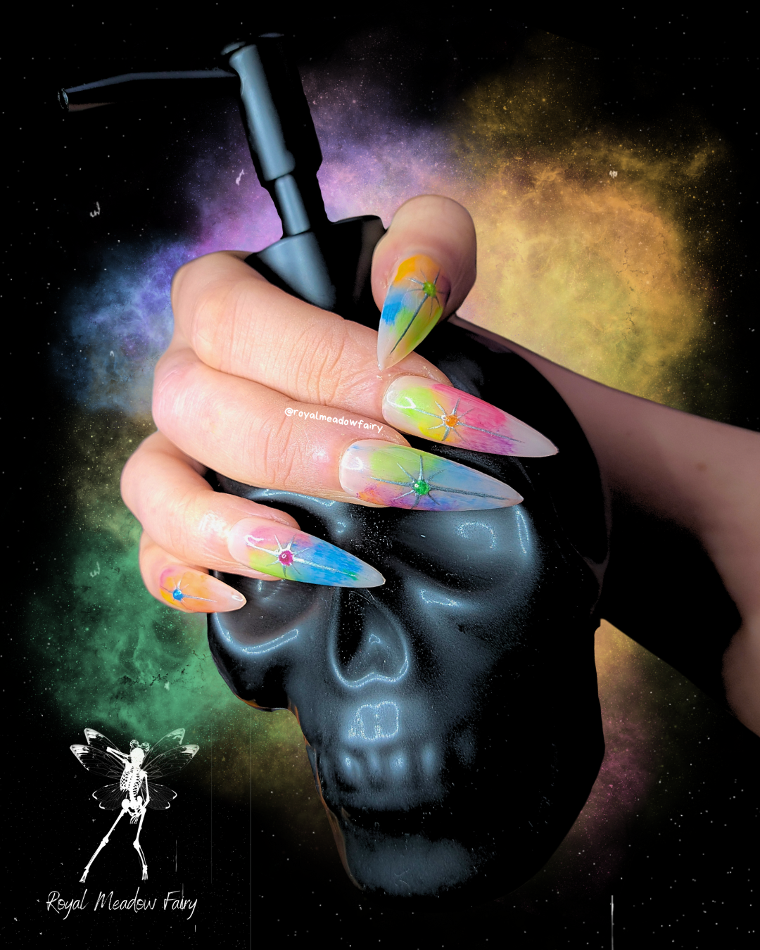 silver stars nail art on a rainbow base uks best press on nails