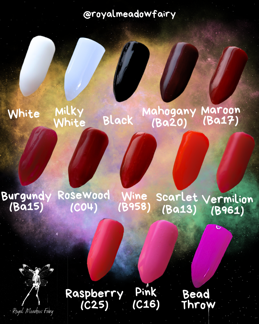 press on nail extensions colour chart white, black, pink and reds