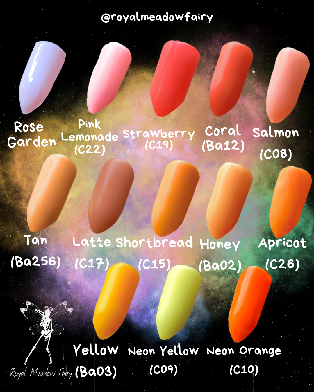 pink, peach, nude, orange and yellow stick on nail colour guide