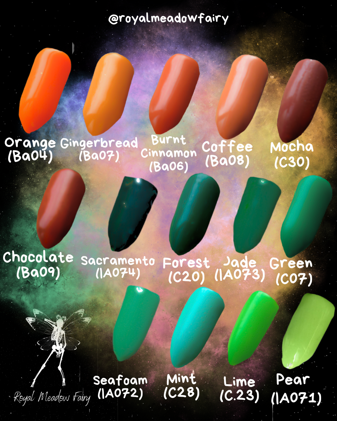 glue on fake nail enhancements colour chart orange, brown and green