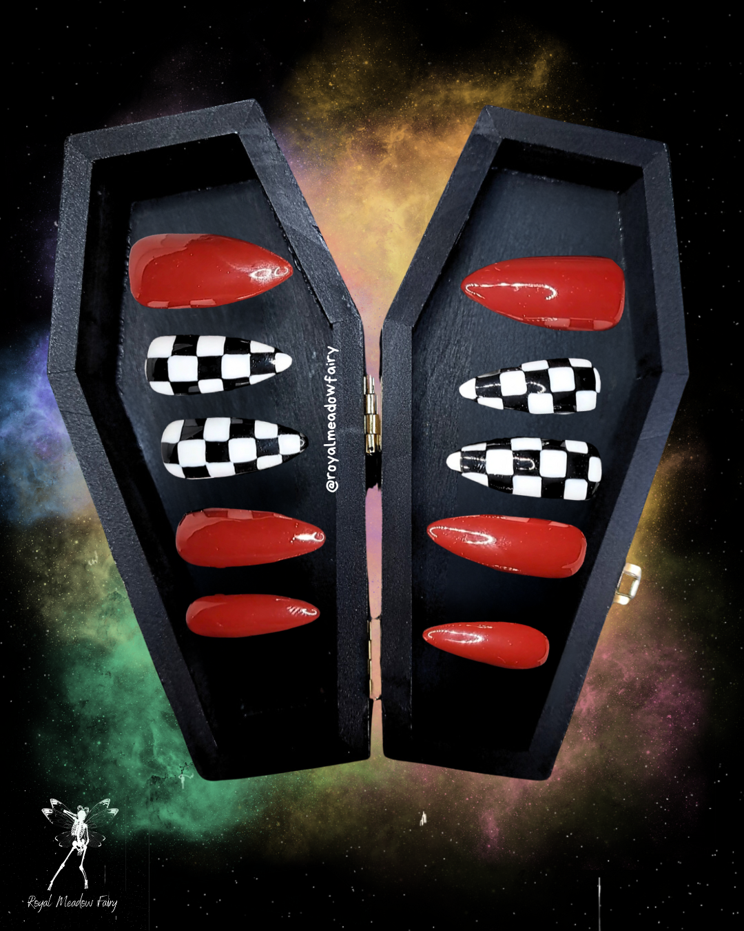 deep red checked emo press on nails
