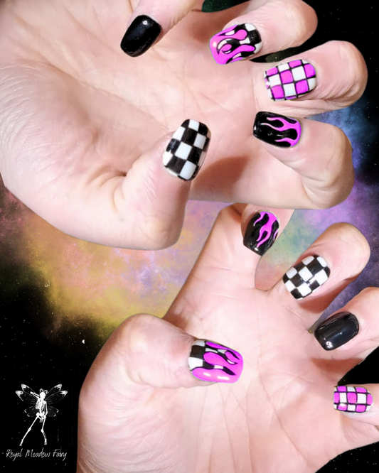 pink black and white check flame emo alt UK press on nails