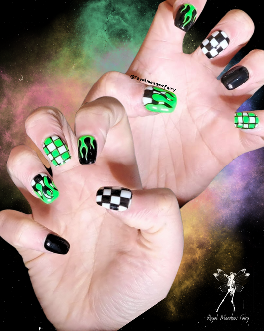 black lime green and white flame and check nail art short sure press on nails