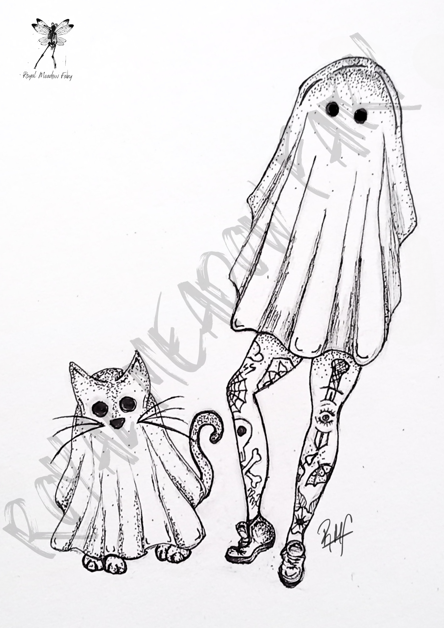 tattooed woman and cat ghost sheet pen drawing art print