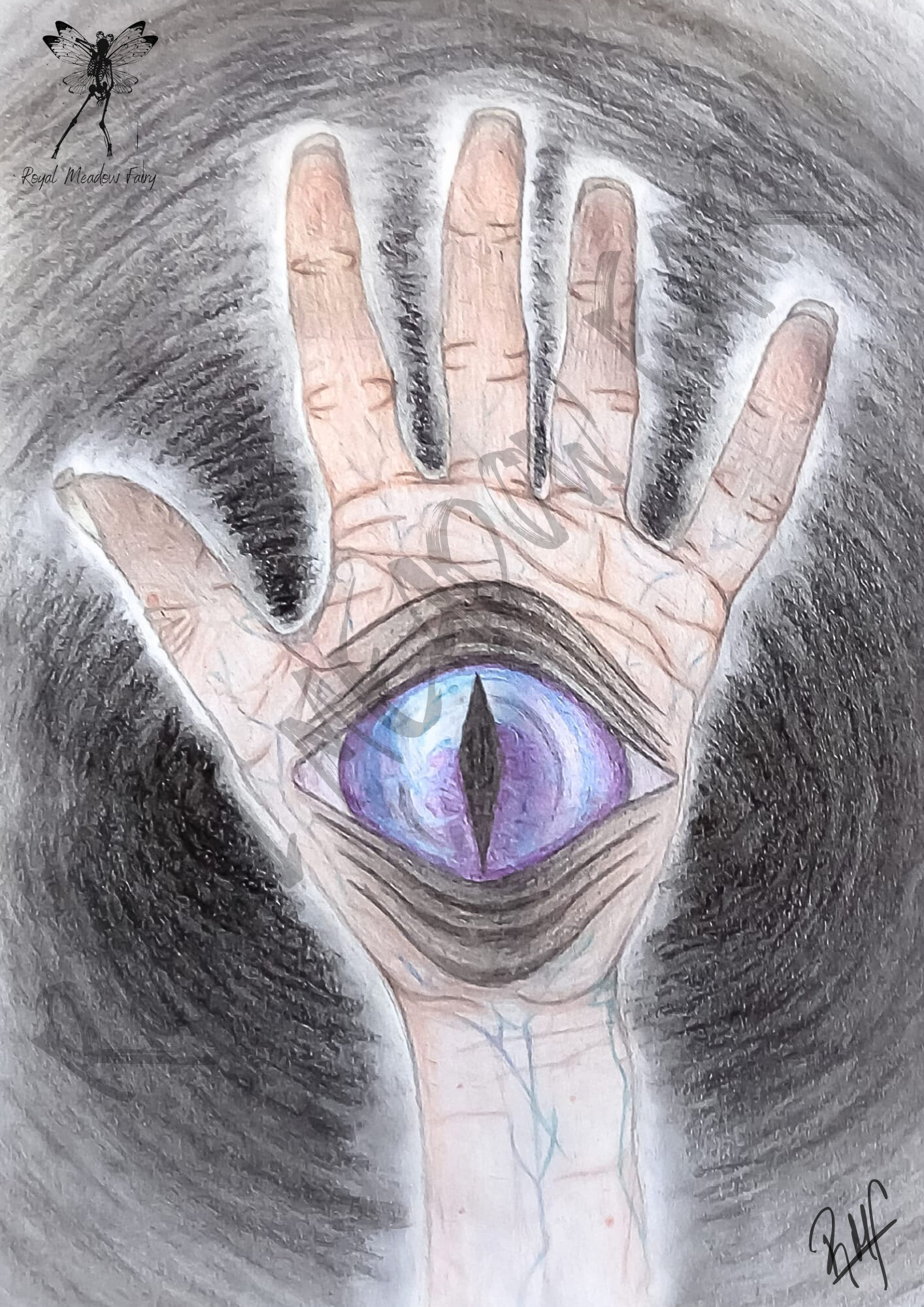 realistic hand pencil drawing with an eye at the centre of the palm