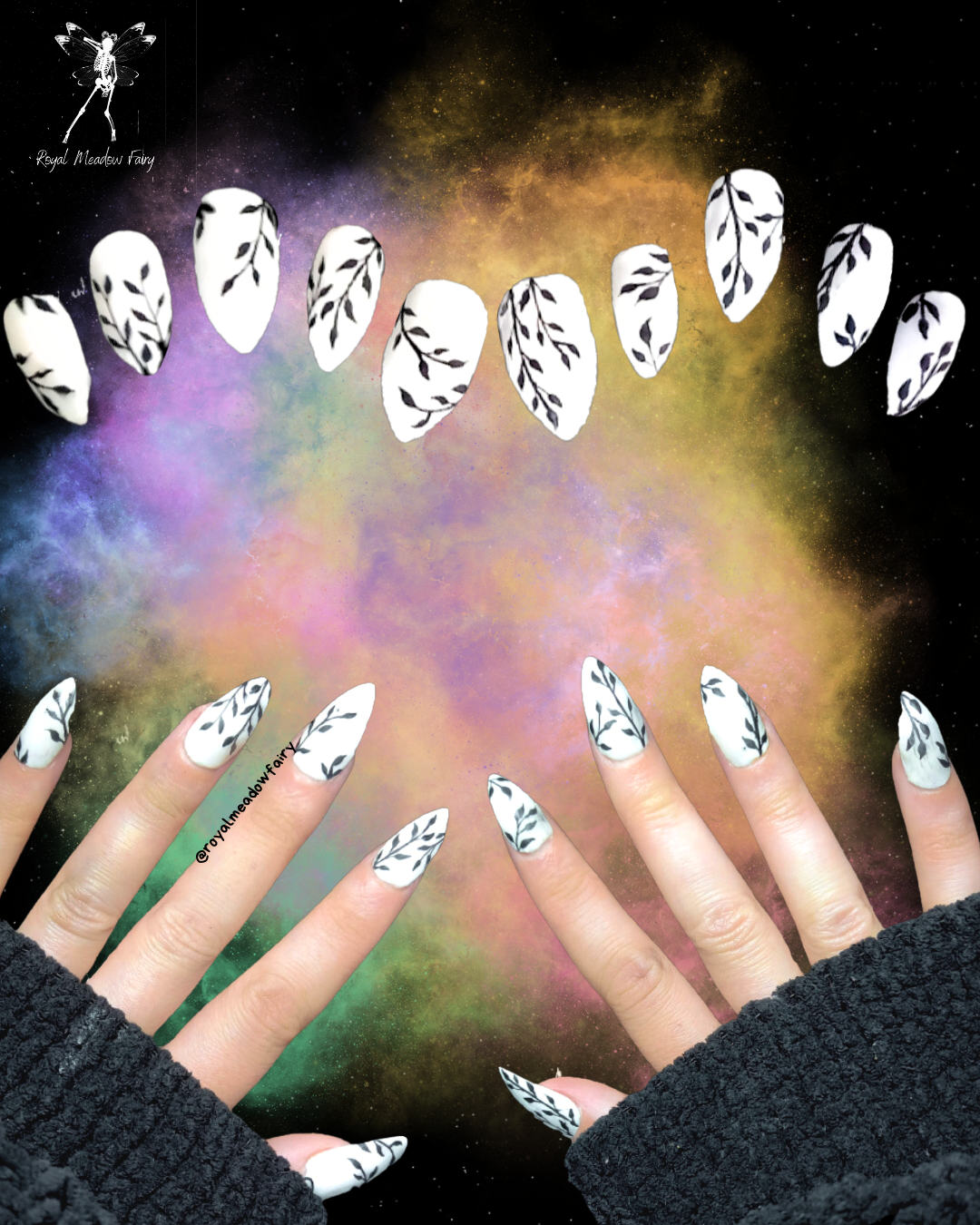 white glue on nail extensions with black vine flower nail art