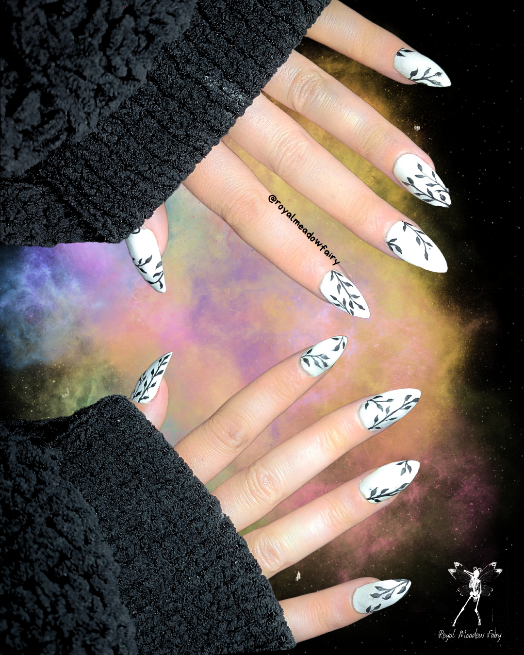 white press on nail enhancements with black vine plants nail art design