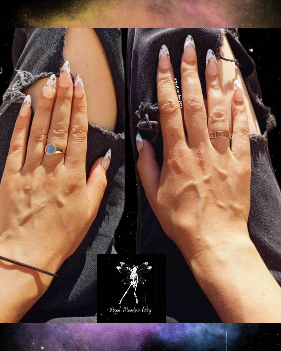 nude press on nails best in uk with hand painted french tip and gold stars
