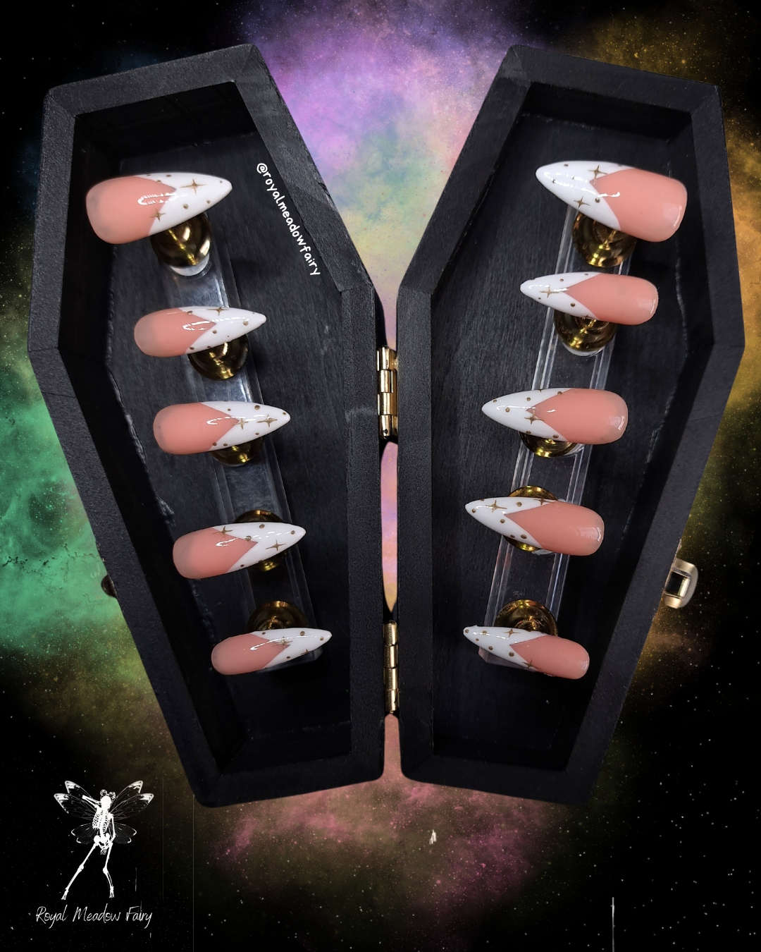 nude uk press on nails handmade with french top and witchy star nail art design