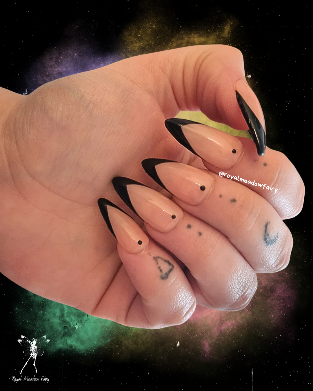 french witch black and nude press on nail extensions with finger tattoo style dots