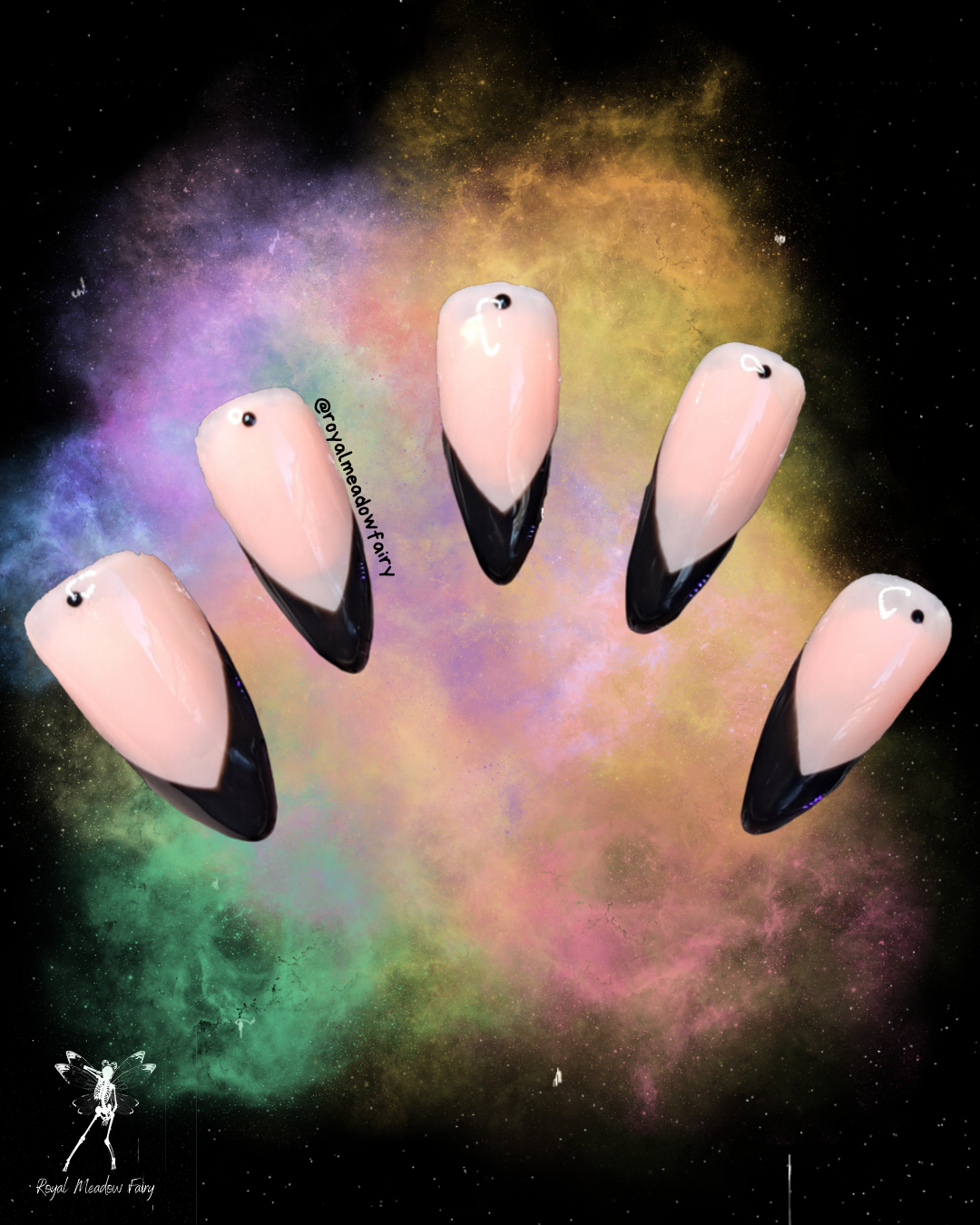 french witch black and nude press on nail extensions with finger tattoo style dots