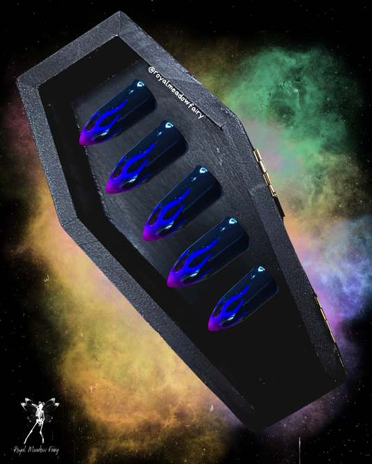 gloss black stick on nails with blue, purple and pink ombre flame nail art