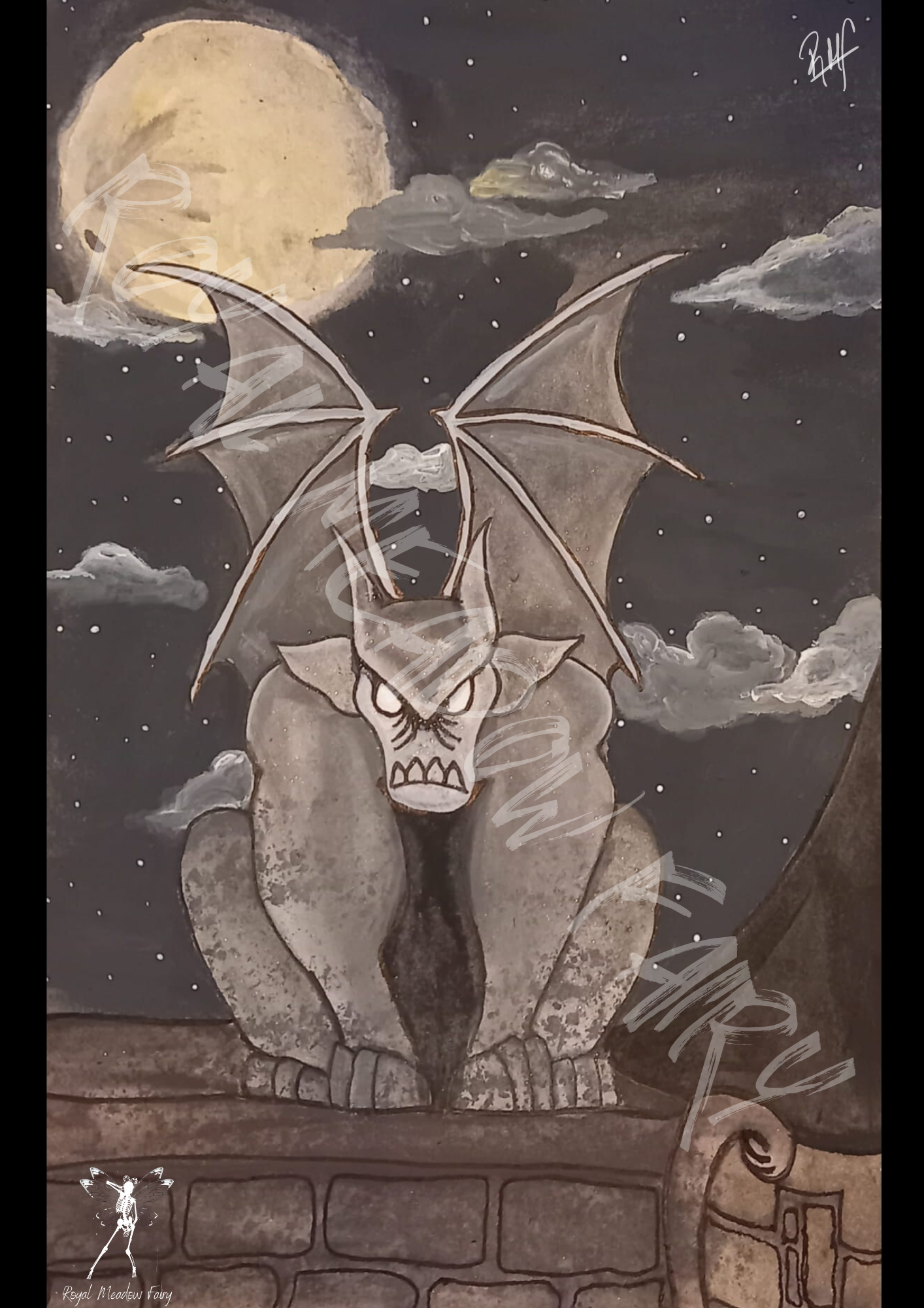 painting of a Stone gargoyle on a dark spooky night