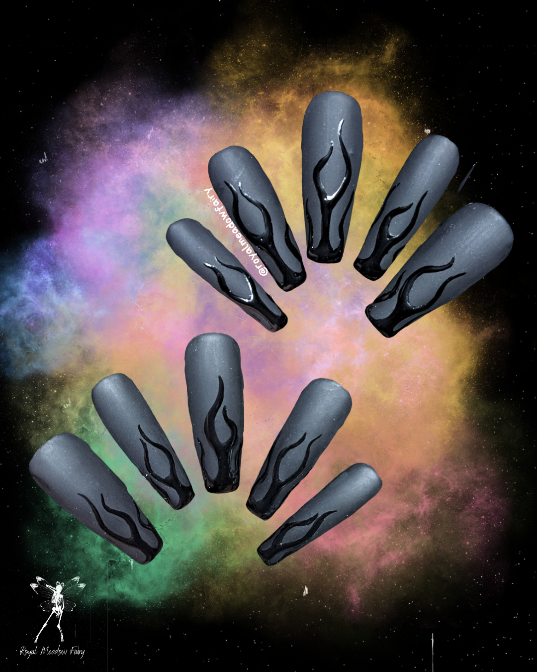 gloss on matte black ghost flames press on nail extensions