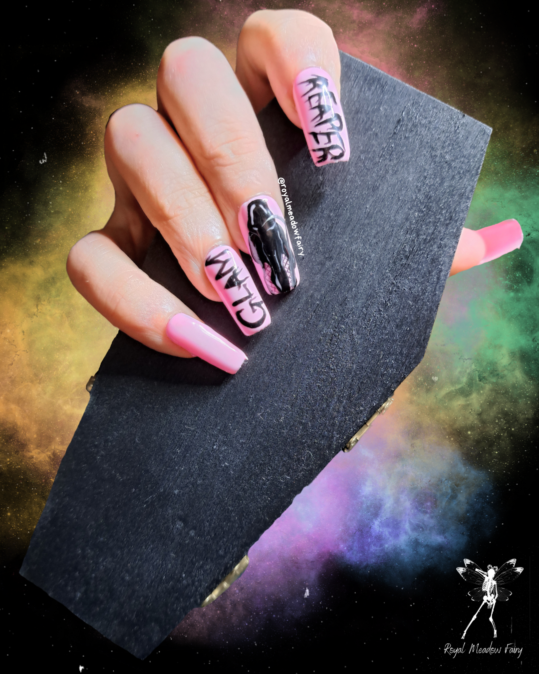baby pink press on nail extensions with glamorous glamour grim reaper in fishnets nail art and gothic heavy metal writing
