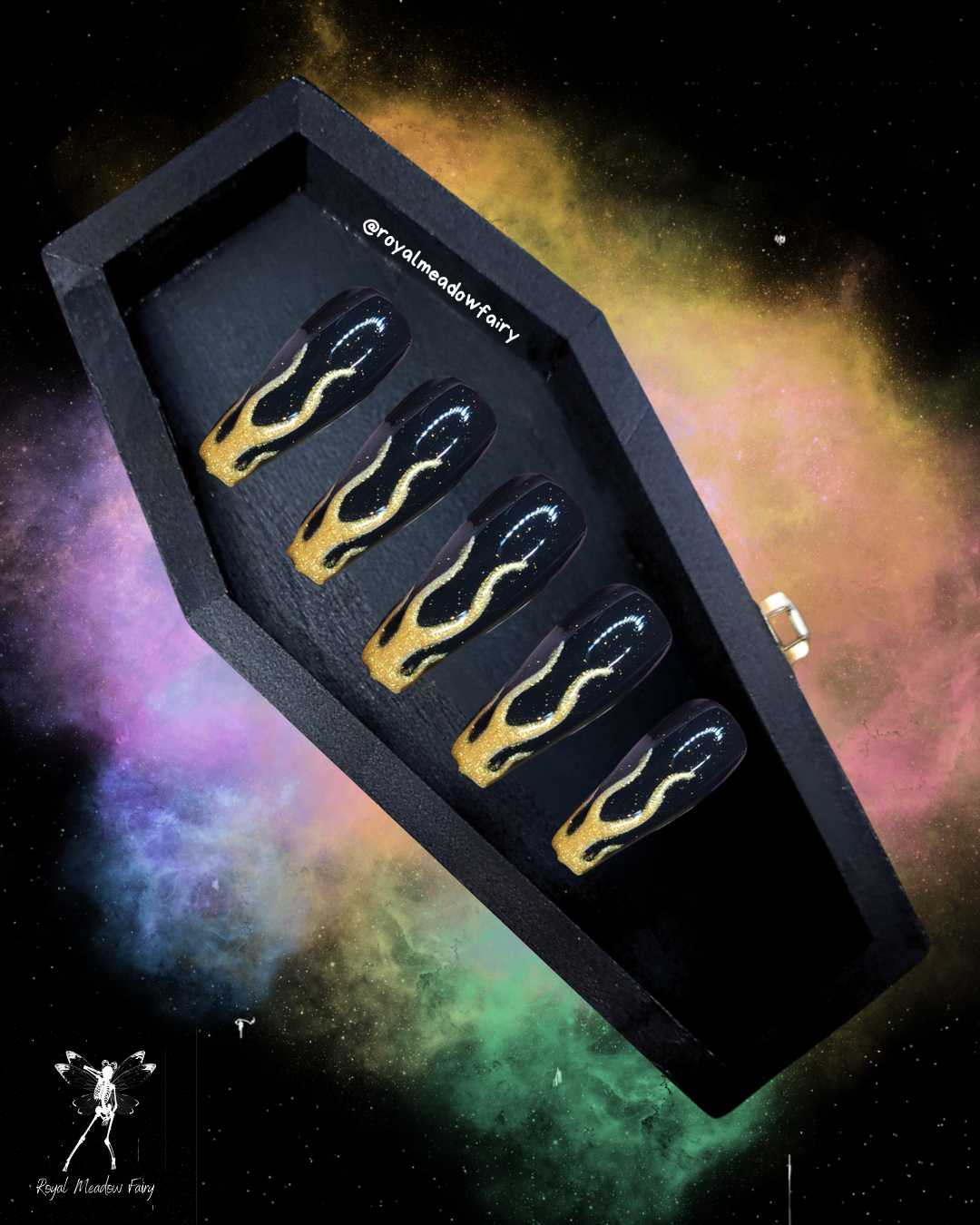 gloss black press on nails with gold glitter flame nail art