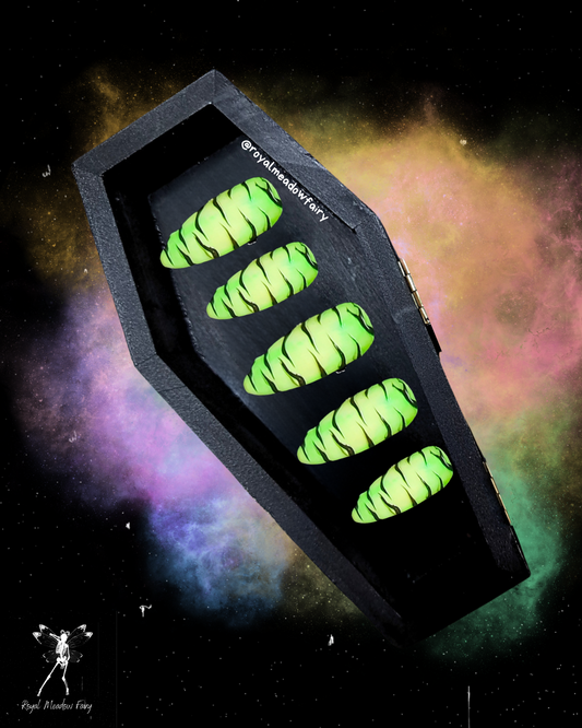 lime green matte press on fake nail extensions with gloss black tiger stripes nail art