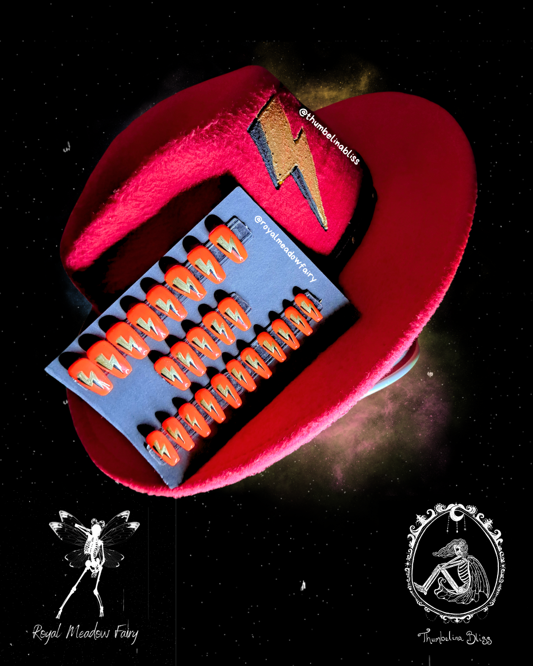 red wide brimmed hat and luxury press on nails with gold lightning bolts alt fashion accessories for women UK