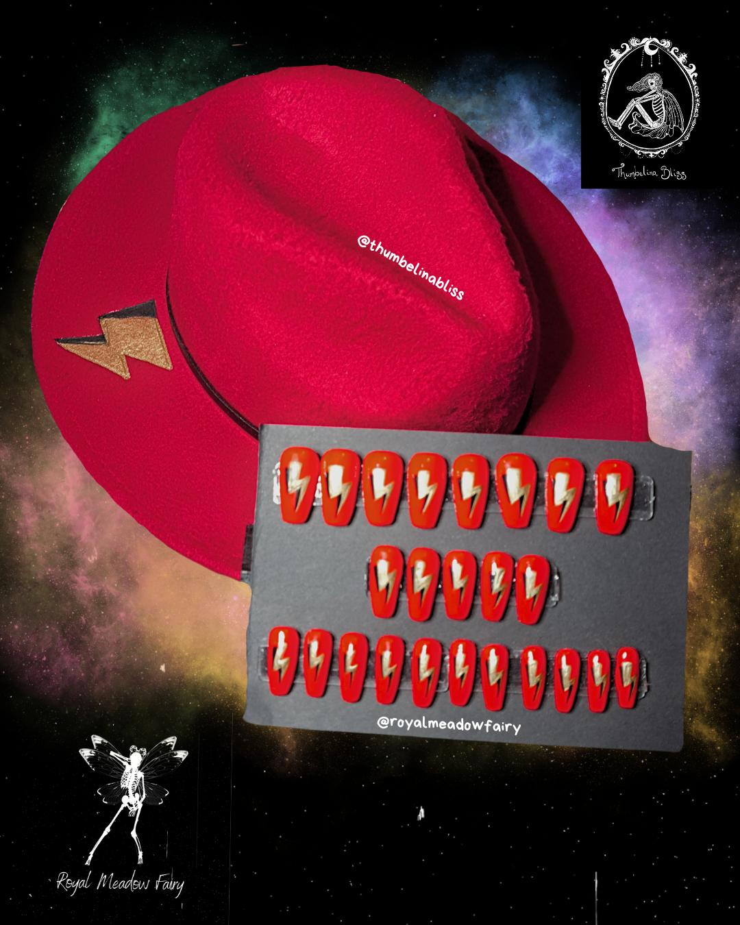 red alt press on nails with gold lightning bolts and matching wide brimmed hat
