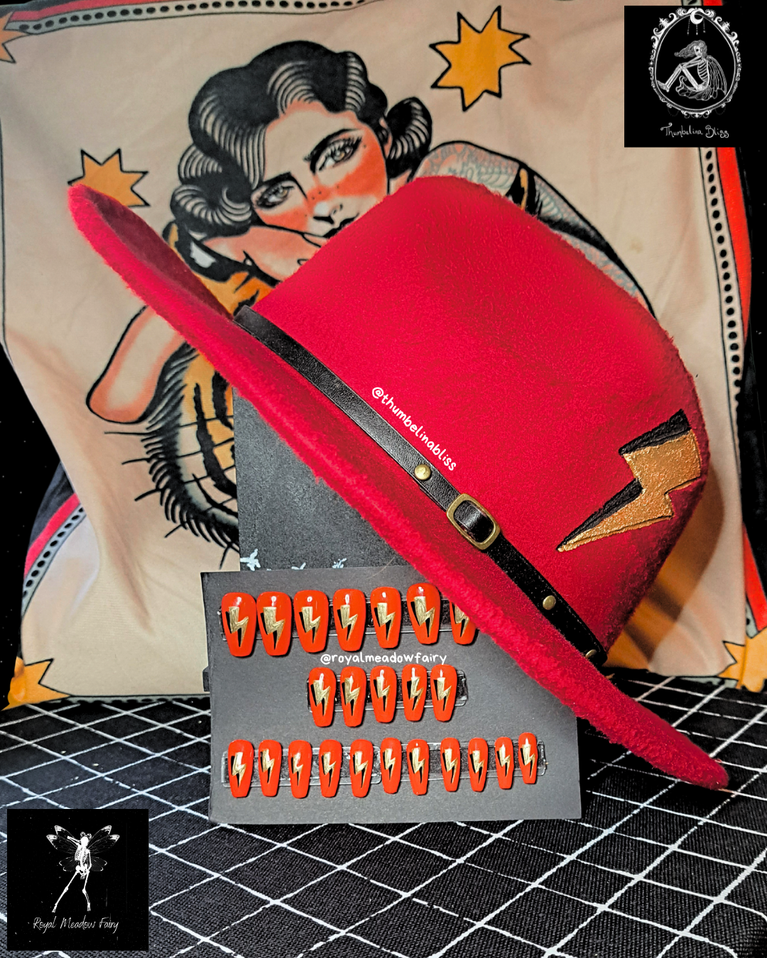 red wide brimmed hat and press on nails with gold lightning bolt alt rocker fashion accessories