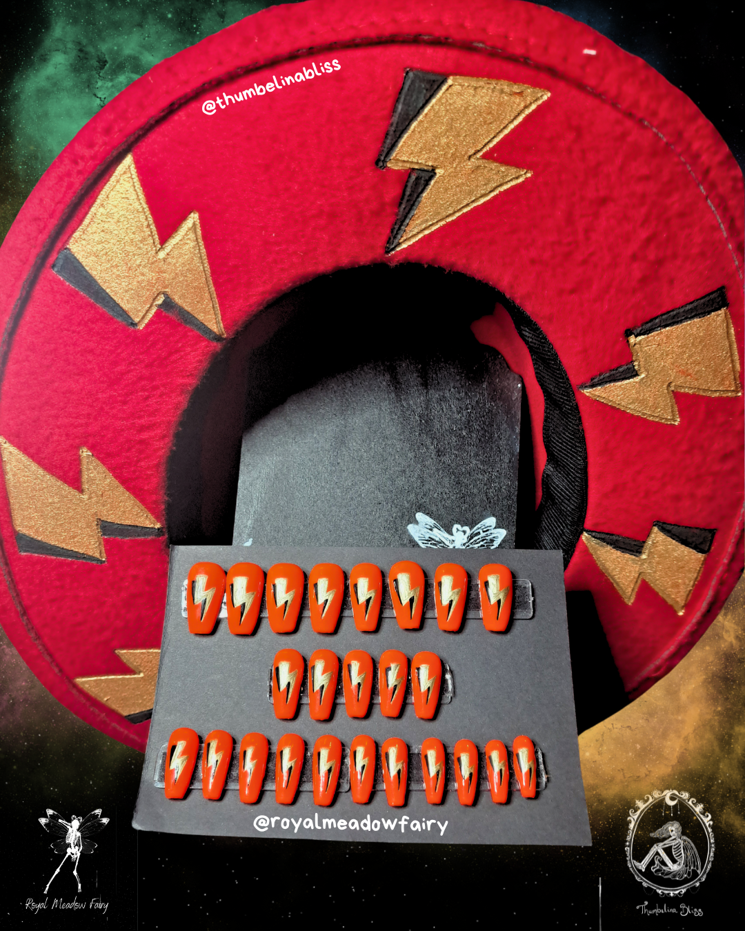 alt edgy accessories for women press on nails and wide brimmed hat red with gold lightning bolts
