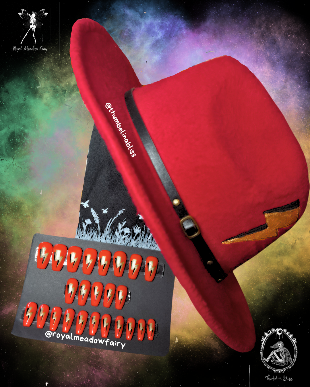 alt rocker chick accessories red and gold lightning bolt uk press on nails and wide brimmed hat