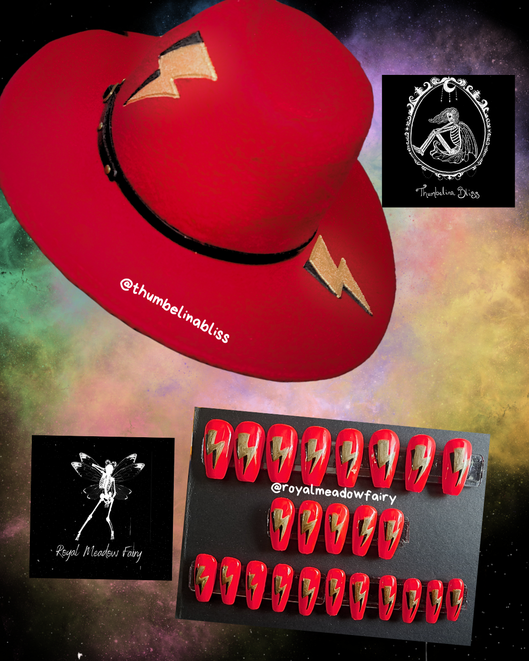 red hat and matching press on nails with gold lightning bolt