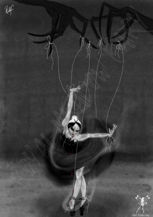 art work of swan lake black swan style ballet string puppet