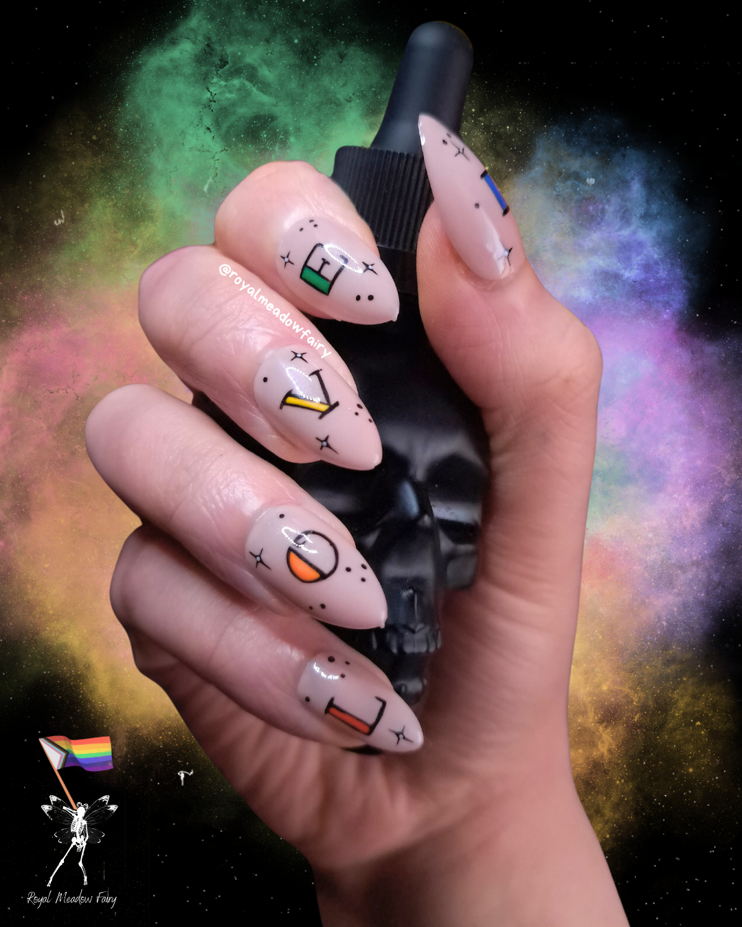 nude glue on fake nails with lgbtqia+ nail art love is love